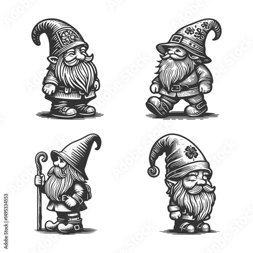 gnomes with long beards and pointy hats set collection bundle sketch engraving generative ai vector illustration. Scratch board imitation. Black and white image.