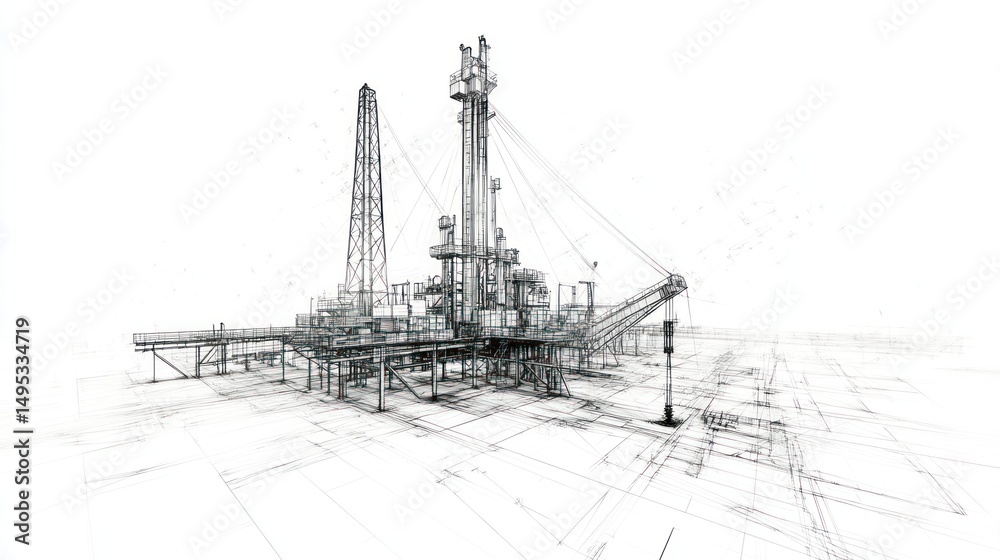 Obraz premium Architectural blueprint design concept of offshore oil and gas platform