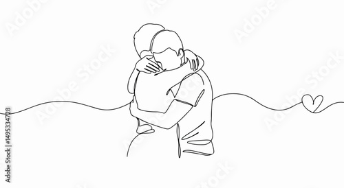 Intimate and elegant minimalist line drawing of a couple in a loving embrace, created with a continuous stroke.