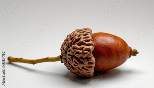 An acorn on a branch. A detailed close-up of an acorn, which sits on a twig and looks like a brain. The natural beauty of the intricate pattern on its shell and the contrast of textures photo
