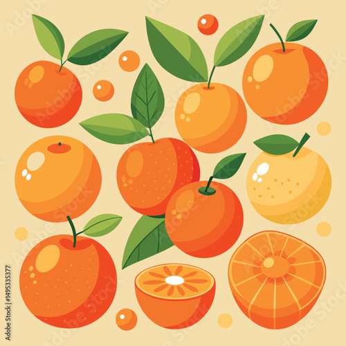 Set of Orange Fruits Vector Illustration Design Isolated on White Background, Whole Orange Fruit With Leaves.