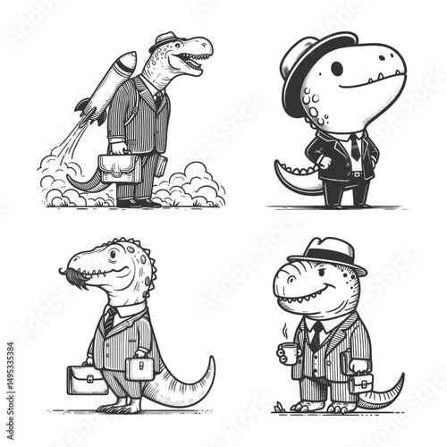 Dinosaur cartoon businessman Set collection bundle sketch engraving generative ai vector illustration. Scratch board imitation. Black and white image.