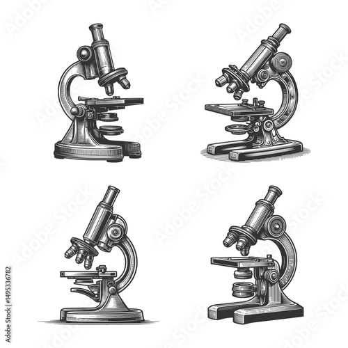 Microscope Set collection bundle sketch engraving generative ai vector illustration. Scratch board imitation. Black and white image.