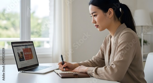 Woman Attending Webinar and Taking Notes at Desk