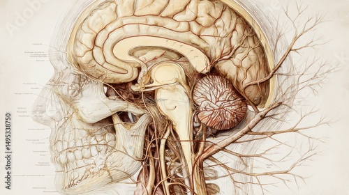 Detailed Anatomical Illustration of the Human Brain and Nervous System with Labels and Anatomical Structures Highlighted for Educational Use