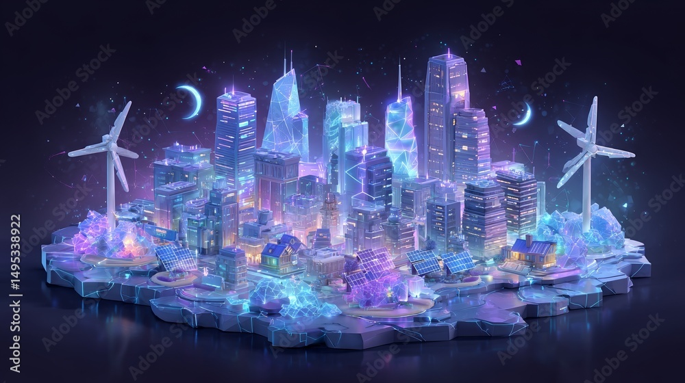 Fototapeta premium Urban areas are being revitalized and communities empowered through initiatives like rooftop solar and vertically integrated wind turbines, as well as electric micromobility hubs, all of which are