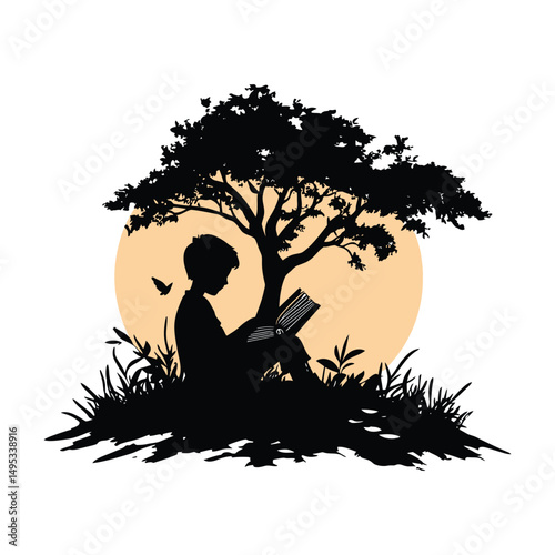 A student reading a book under a tree black silhouette