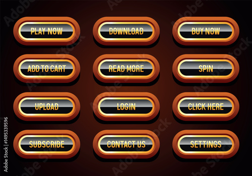 Buttons set. Black buttons with wood and gold frame. Vector button