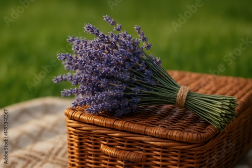 Freshly harvested lavender bouquet enhances picnic setting on wicker basket, evoking tranquility amidst nature