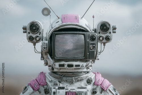 An astronaut dons a pink spacesuit and appears with a vintage television in a fantastical, skyward setting