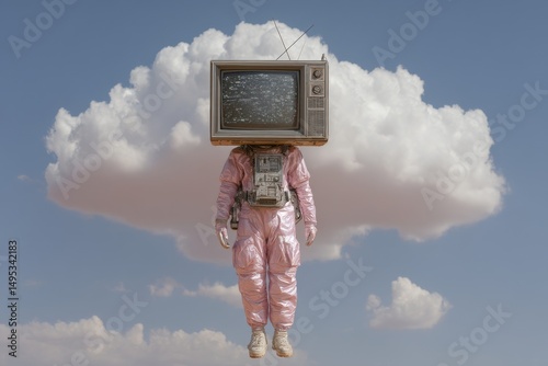 An astronaut clad in a pink spacesuit is positioned alongside a vintage television within a dreamlike sky