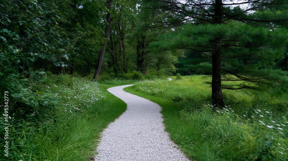Serene forest pathway through lush greenery and wildflowers Serene forest pathway through lush greenery and wildflowers