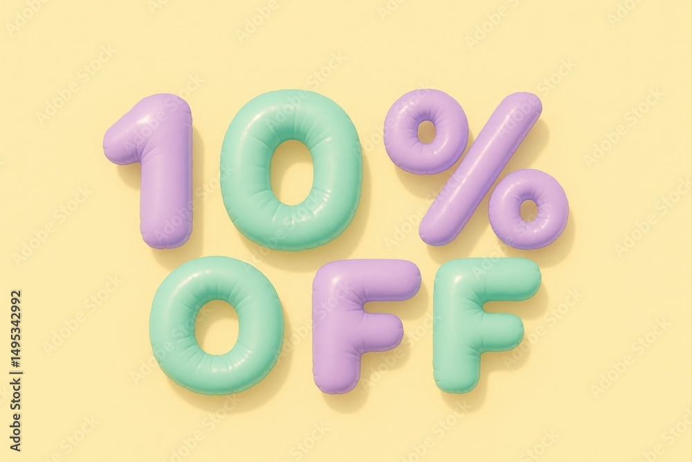Fototapeta premium 3d rendering of pastel colored inflatable balloons forming a ten percent off sign on a yellow background