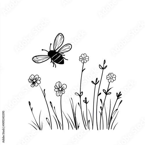 Bee flying over wildflowers, meadow background, nature illustration, design element