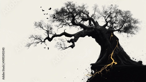 Abstract silhouettes of a baobab and maple tree, branches merging into a single organic shape. Monochrome palette with a single gold accent line. No details, only outlines.