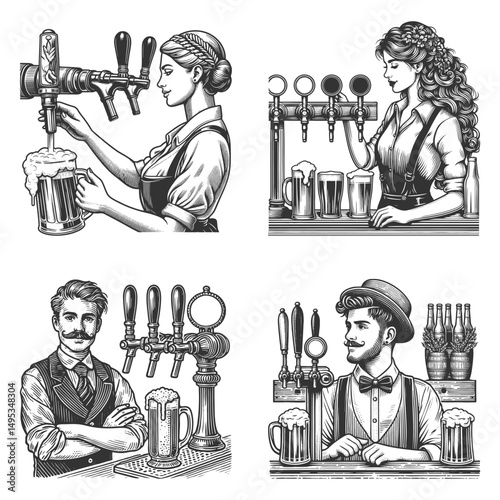 bartenders and barmaids pouring beer from taps Set collection bundle sketch engraving generative ai vector illustration. Scratch board imitation. Black and white image.