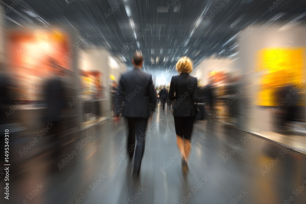 Obraz premium Business professionals walking through a busy art exhibition hall during a networking event in the early evening