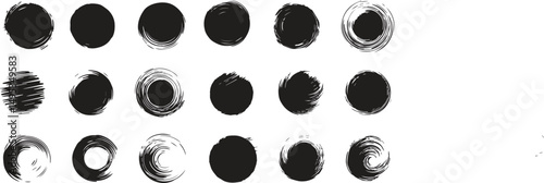 Vector black ink circles, hand-drawn textured punk shapes, artistic Chinese or Korean design elements, Japanese enso zen circles, and sun symbols.