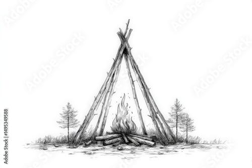 Campfire setup with logs and branches in a forest during twilight hours