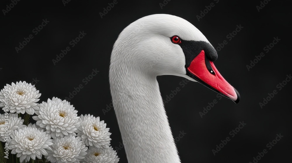 Fototapeta premium White Swan and Chrysanthemums Close up Portrait Against Dark Background