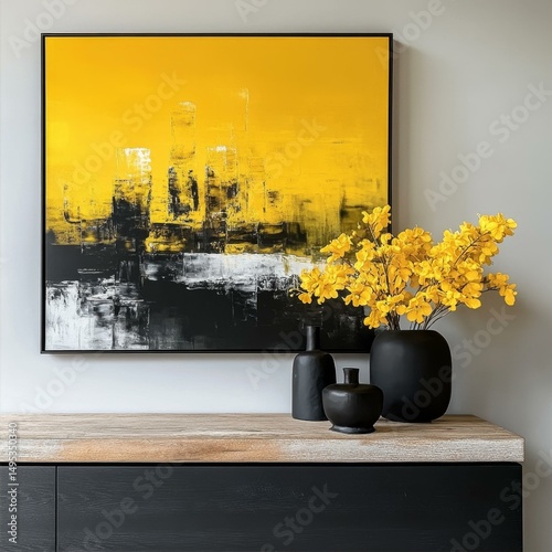 Yellow Abstraction with Vessels and Floral Arrangement Minimalist Interior Decoration Art Display
