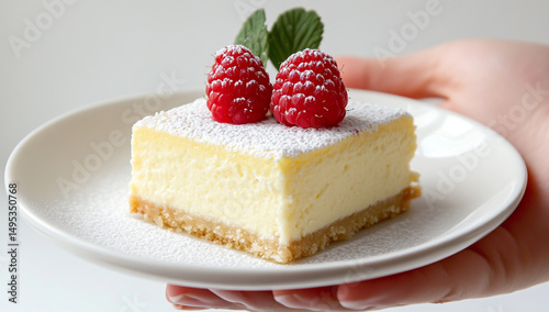 Creamy cheesecake squares with raspberries and sugar on a white plate
