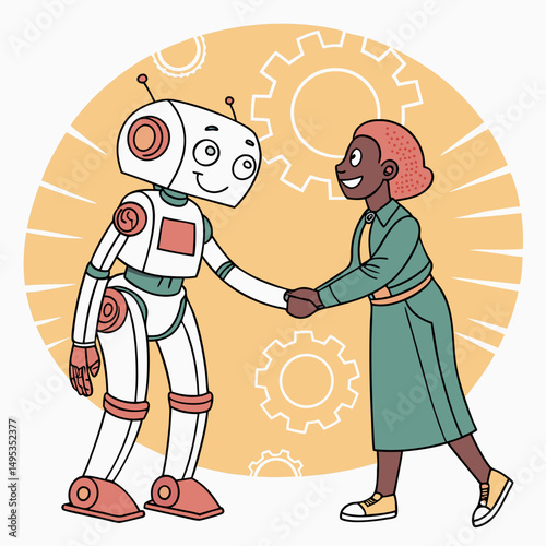 Cartoon handshake between robot and human with glowing tech background