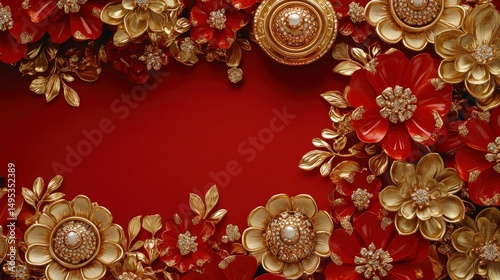 Luxurious Red and Gold Floral Frame with Copy Space for Festive Design