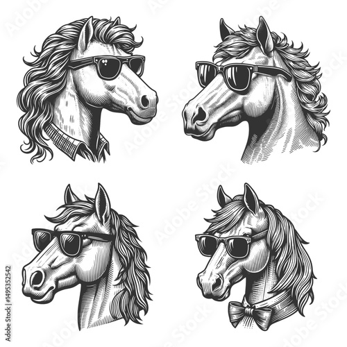 horse in sunglasses Set collection bundle sketch engraving generative ai vector illustration. Scratch board imitation. Black and white image.