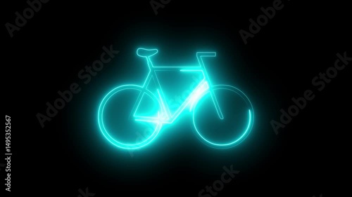 Neon glowing bicycle icon on black background. Bicycle icon animation. Simple bicycle symbol. bicycle icon with a glowing cyan neon effect. 4k animation.