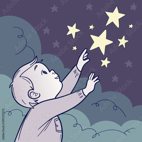 Cartoon baby hand reaching for stars in dreamy sky