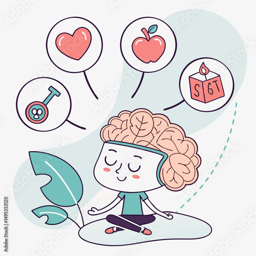 Cartoon brain meditating with wellness icons floating around peacefully