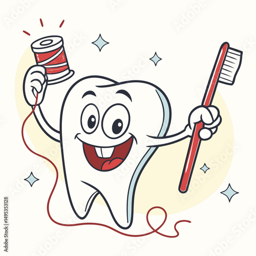 Funny tooth mascot with toothbrush and dental floss smiling brightly