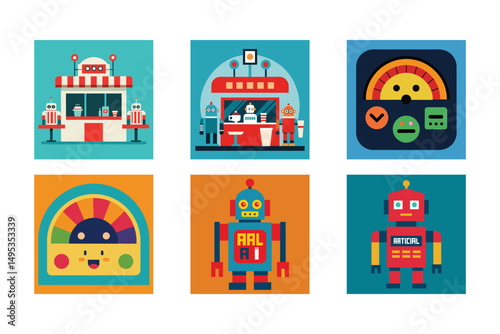 Retro Robot Cafe and Kiosk Illustrations