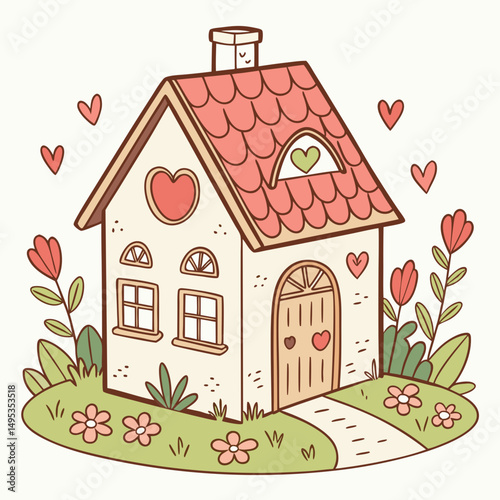 Cute cottage icon with heart windows and flower-filled yard