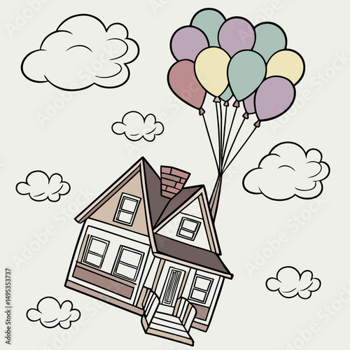 Floating house cartoon with balloons, clouds, and smiling windows