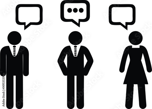 Three stylized figures with speech bubbles representing communication and conversation in black and white