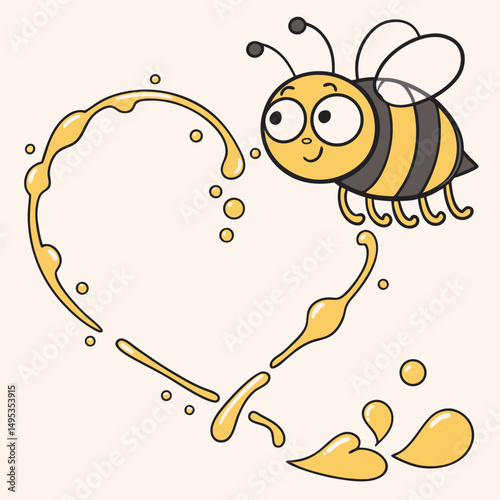 Playful honey splash in heart shape with cute bee