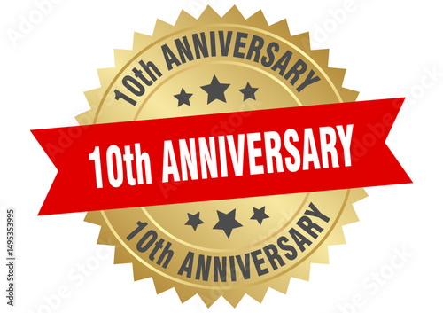 10th anniversary. 10th anniversary round red and gold label isolated on transparent background
