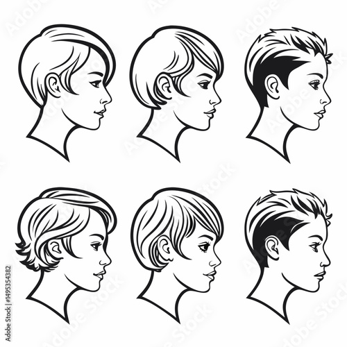 Make 6 short hairstyle icons, clean minimal vector designs