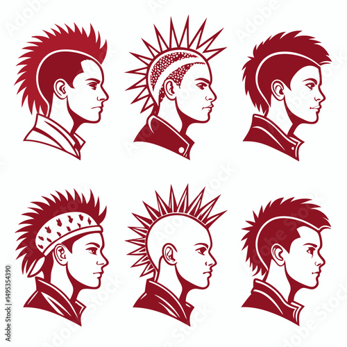 Create 6 punk hairstyle vector icons, bold and edgy look
