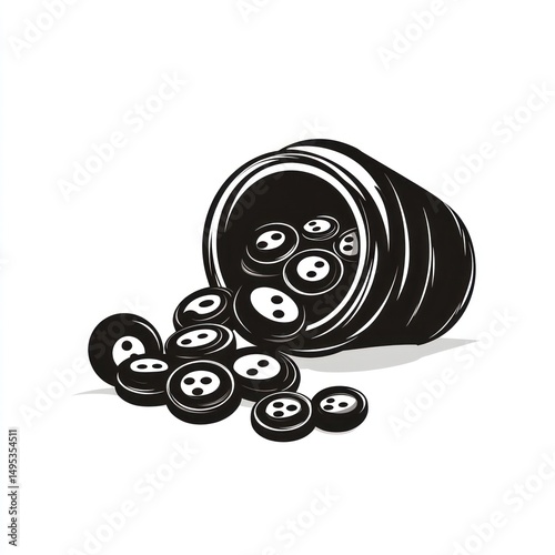 Spilled buttons from jar, craft supplies, white background, sewing
