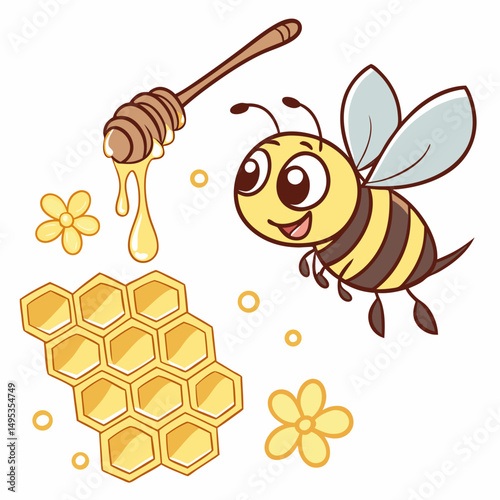 Adorable honeybee flying around dripping honeycomb cartoon icon