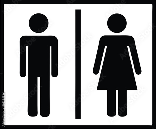 A black and white restroom sign with male and female figures separated by a vertical line in a frame