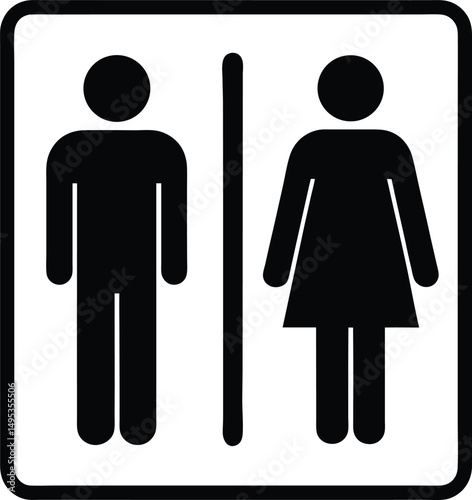 Black and white restroom sign with male and female symbols inside of a rounded rectangle border