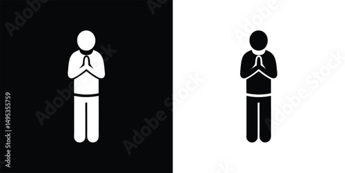 Two monochrome icons of a person with hands together in prayer on opposite color backgrounds