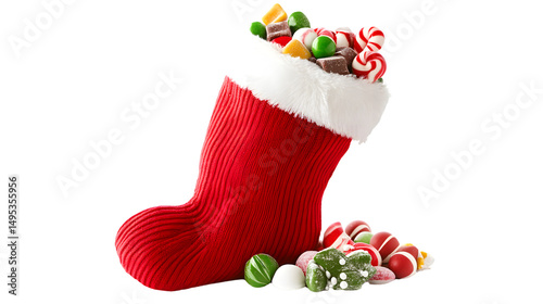 Festive Christmas Stocking Filled with Sweets Isolated on Transparent Background