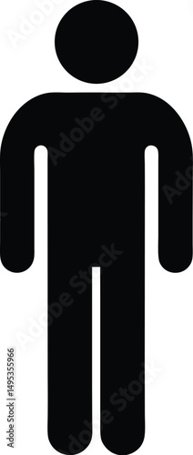 A simple black silhouette of a person standing with a round head and rectangular body and limbs