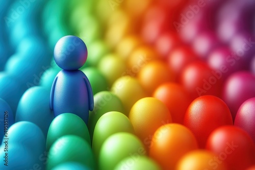 Colorful Spectrum with a Single Blue Figure Standing Among Vibrant Eggs in Various Shades Representing Diversity and Individuality