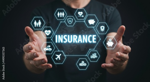 Hands presenting digital insurance icons in a futuristic design.